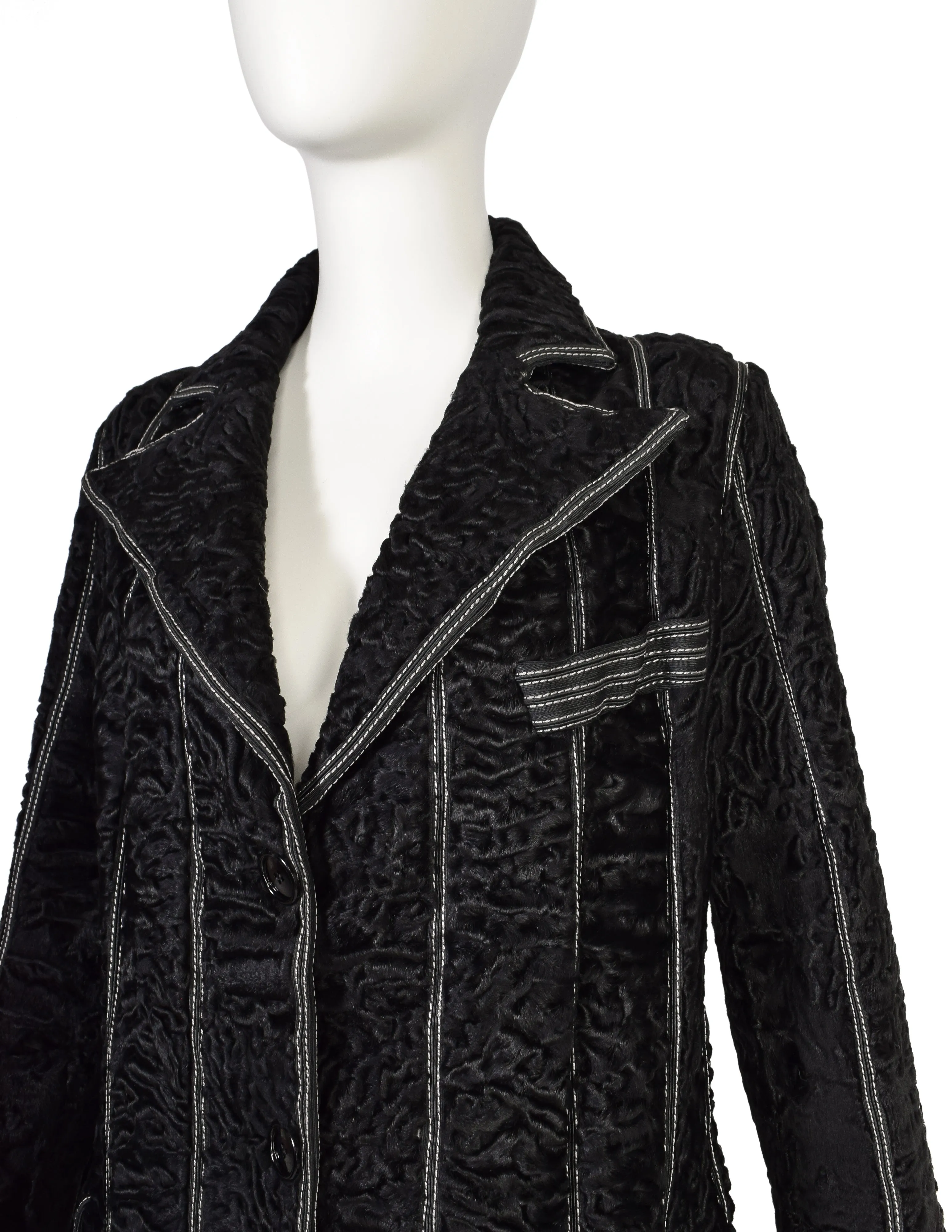 Fendi Vintage Black Persian Lamb Fur Stitched Panel Collared Button Up Coat