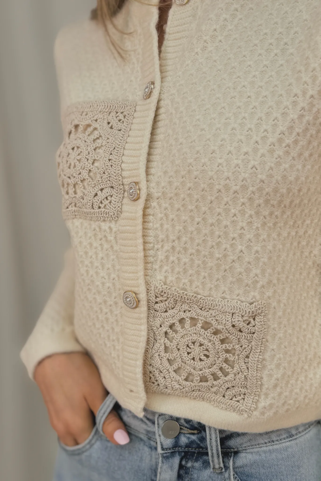 Flynn Crochet Square Detail Jacket In Beige