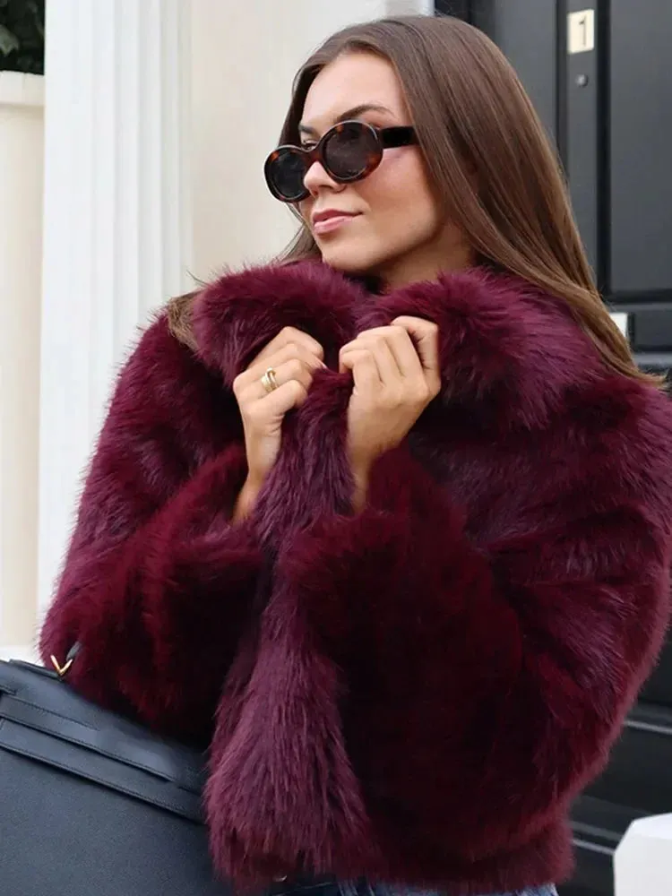 Flytonn-Christmas Thanksgiving Gift New Year's Eve Casual Outfits Elegant Burgundy Lapel Soft Warm Short Faux Fur Coat Fashion Solid Color Long Sleeve Loose Jacket New Woman Winter Streetwear