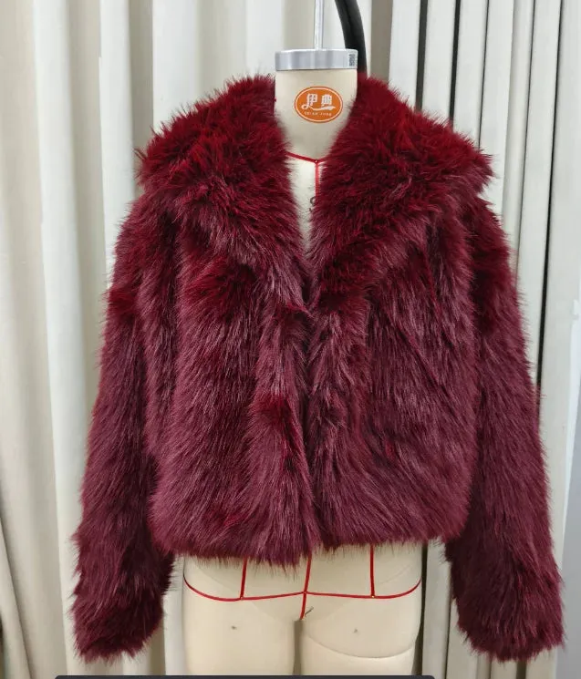 Flytonn-Christmas Thanksgiving Gift New Year's Eve Casual Outfits Elegant Burgundy Lapel Soft Warm Short Faux Fur Coat Fashion Solid Color Long Sleeve Loose Jacket New Woman Winter Streetwear