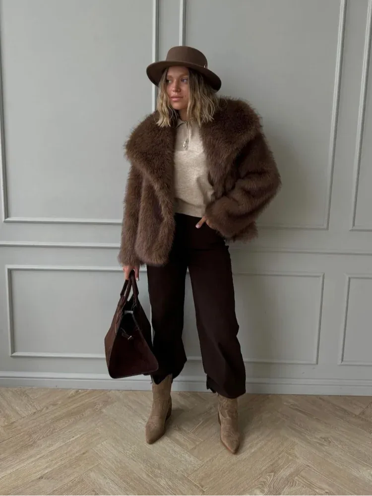 Flytonn-Christmas Thanksgiving Gift New Year's Eve Casual Outfits Retro Brown Flip Collar Soft Warm Lady Faux Fur Coat Fashion Long Sleeve Loose Fluffy Jacket Woman New Winter Commuter Outerwear