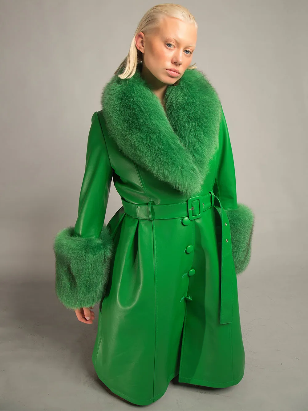 Foxy Leather Coat w/ Fox Fur In Emerald Green