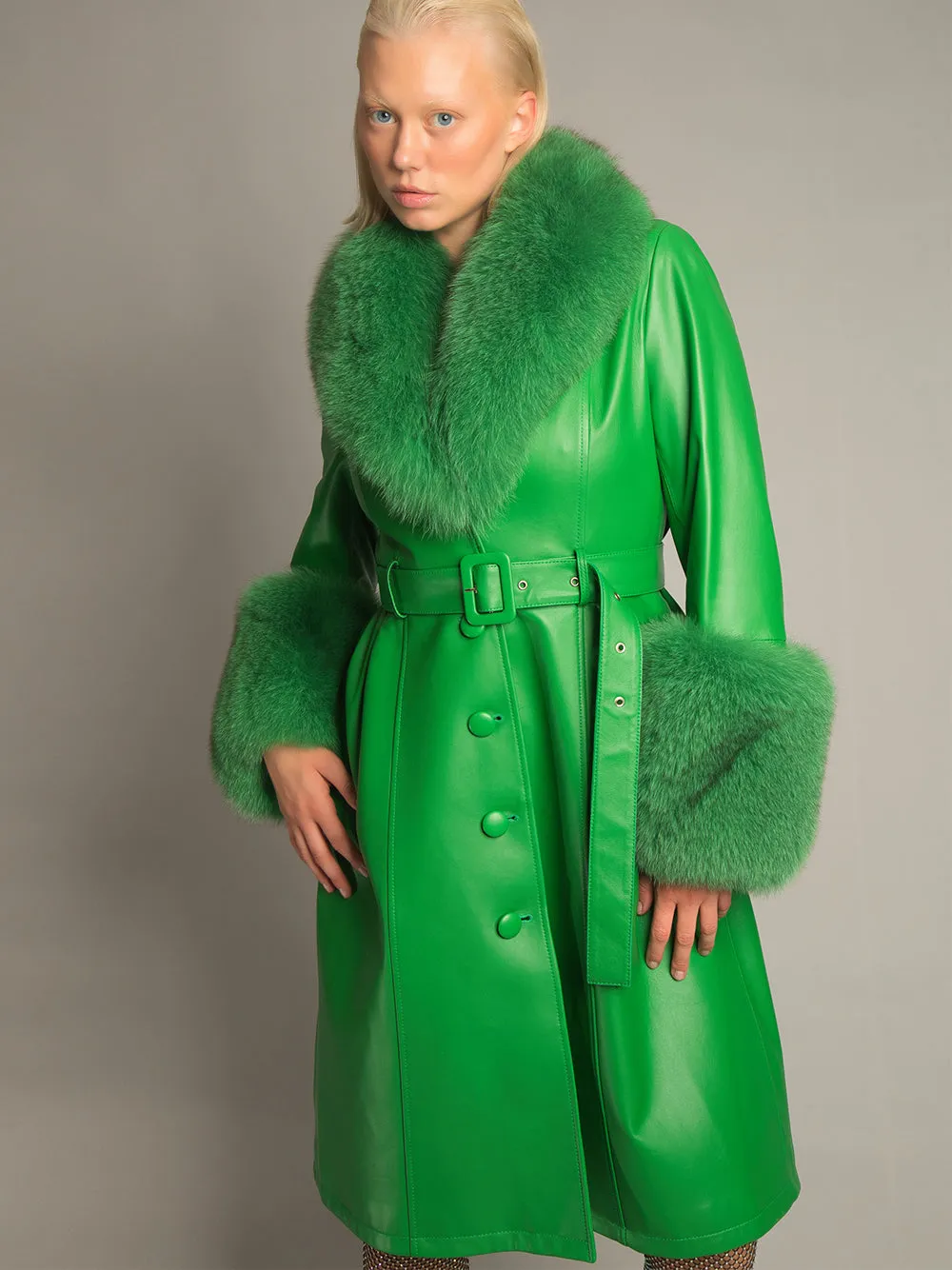 Foxy Leather Coat w/ Fox Fur In Emerald Green