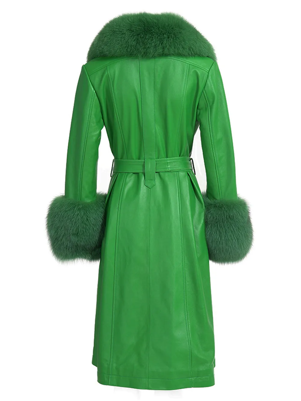 Foxy Leather Coat w/ Fox Fur In Emerald Green