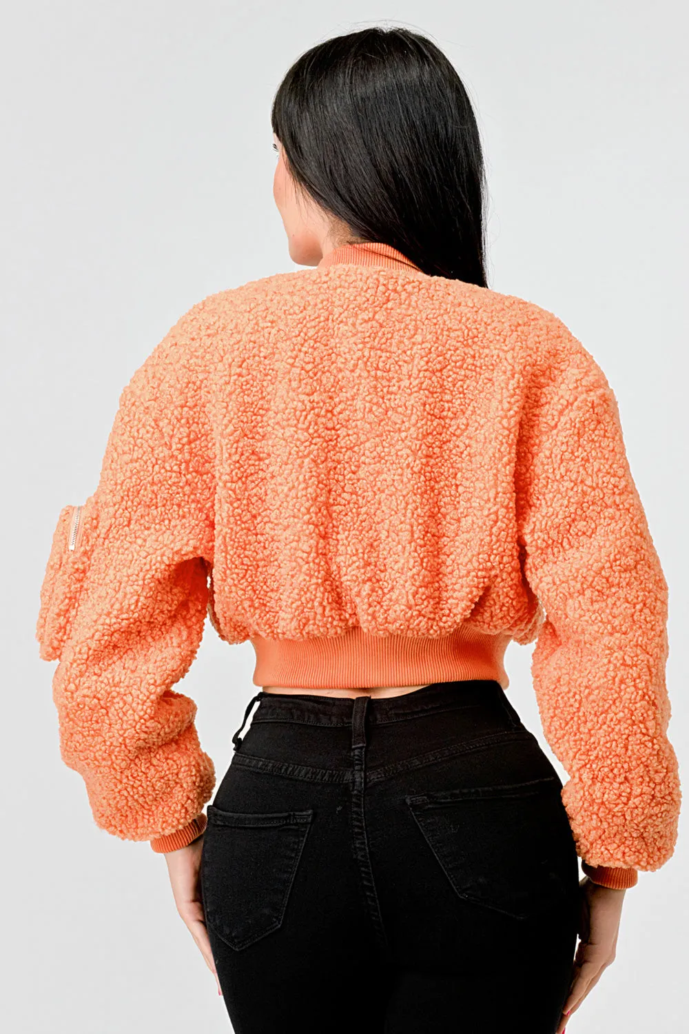 FUZZY SHEARLING FUR POCKETS ZIPUP BOMBER JACKET