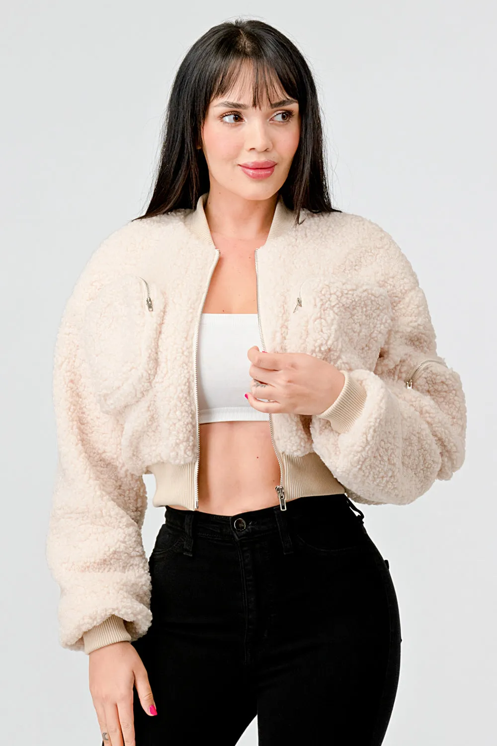 FUZZY SHEARLING FUR POCKETS ZIPUP BOMBER JACKET