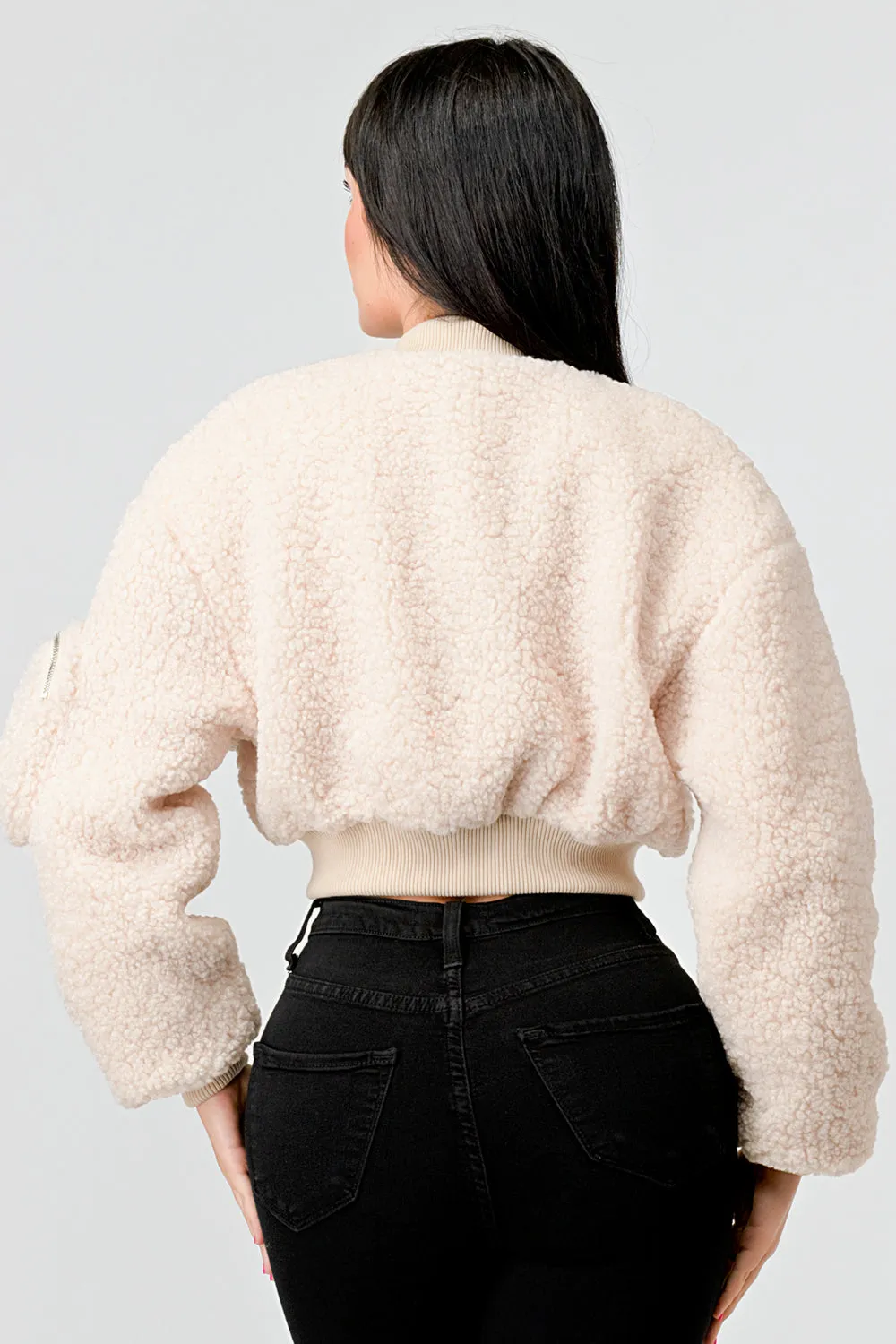 FUZZY SHEARLING FUR POCKETS ZIPUP BOMBER JACKET