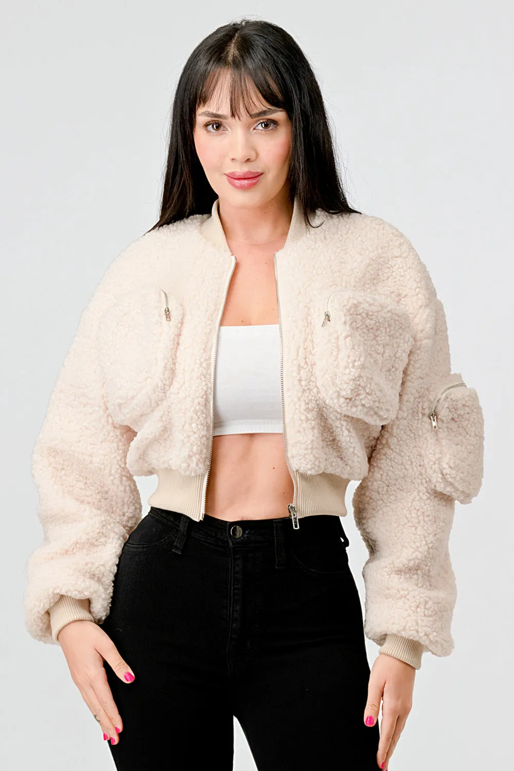 FUZZY SHEARLING FUR POCKETS ZIPUP BOMBER JACKET