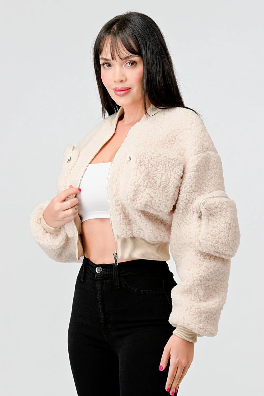 FUZZY SHEARLING FUR POCKETS ZIPUP BOMBER JACKET