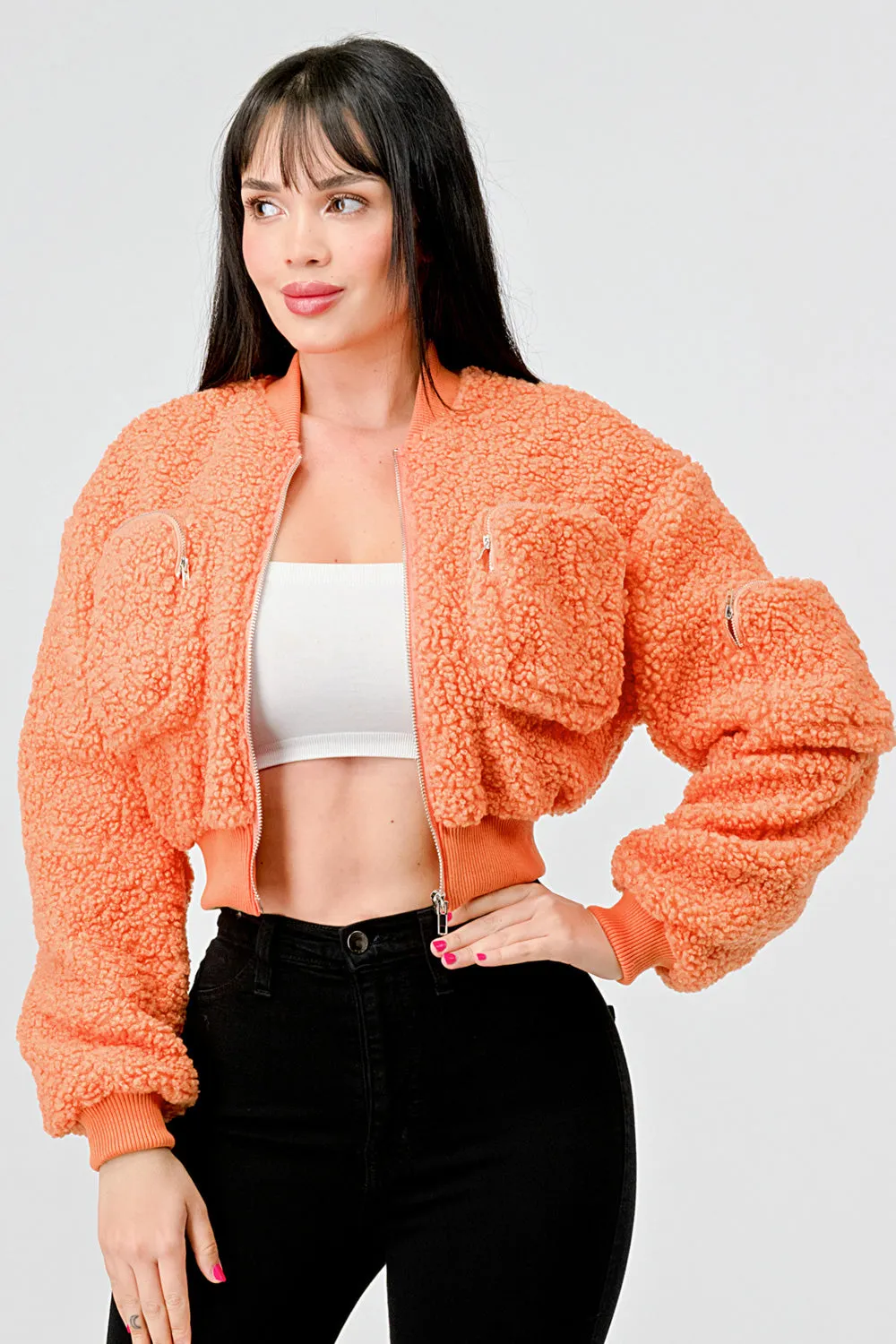 FUZZY SHEARLING FUR POCKETS ZIPUP BOMBER JACKET