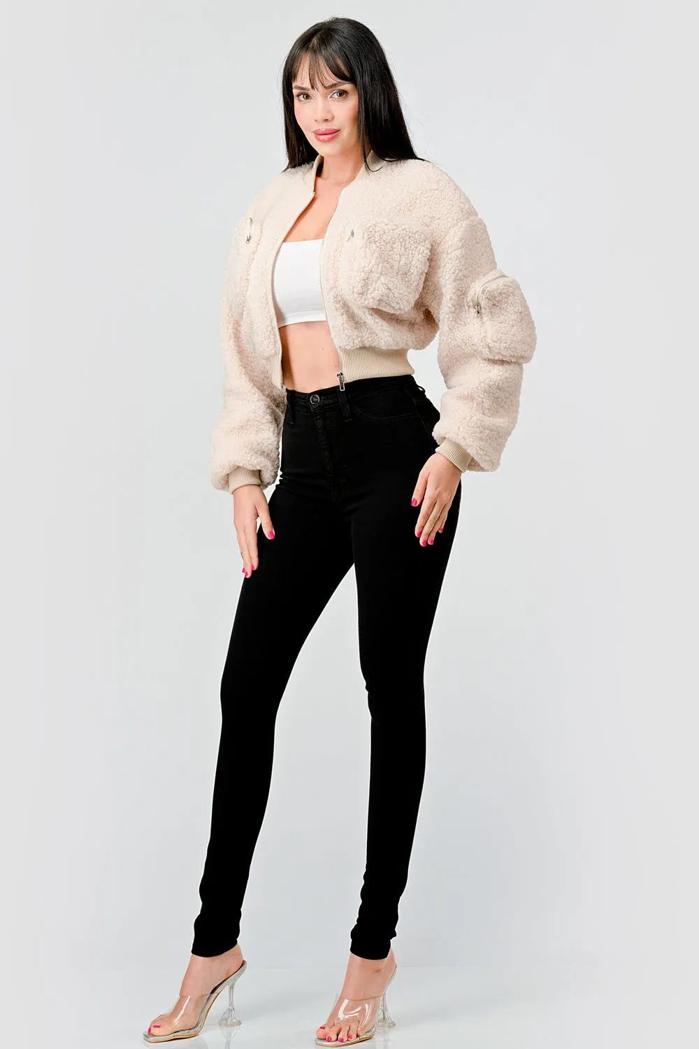 FUZZY SHEARLING FUR POCKETS ZIPUP BOMBER JACKET