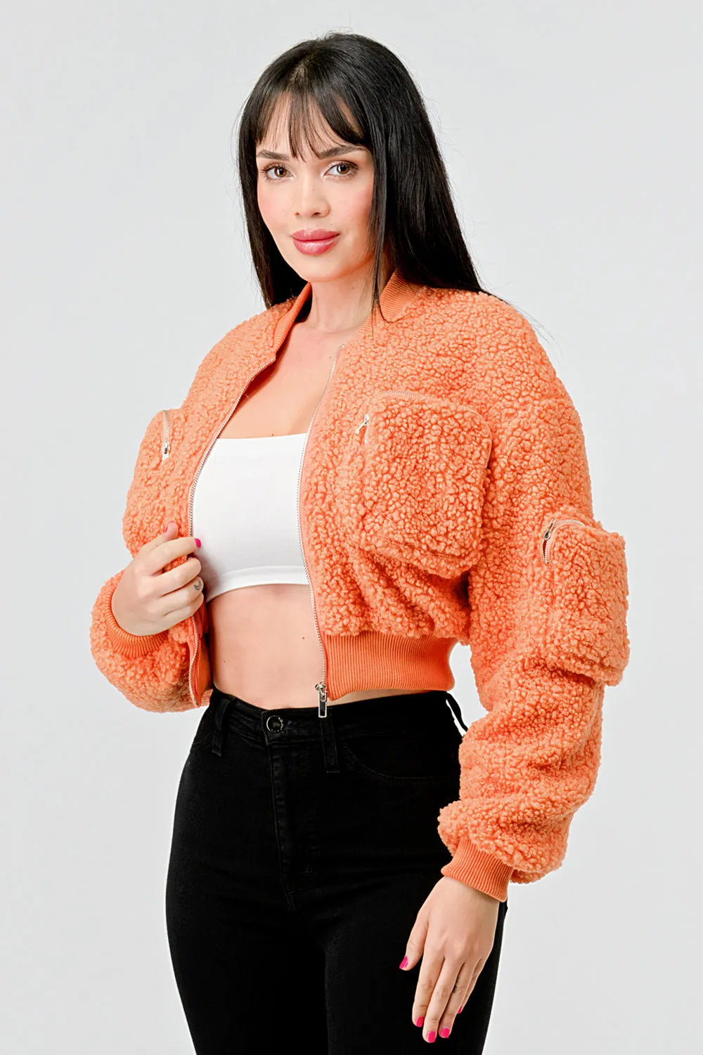 FUZZY SHEARLING FUR POCKETS ZIPUP BOMBER JACKET