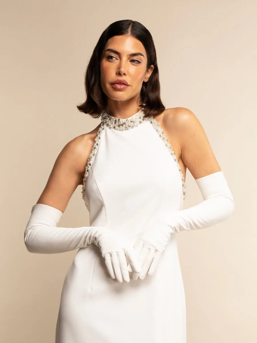 Gabriella (white) - Italian unlined 16-button length leather bridal / opera gloves