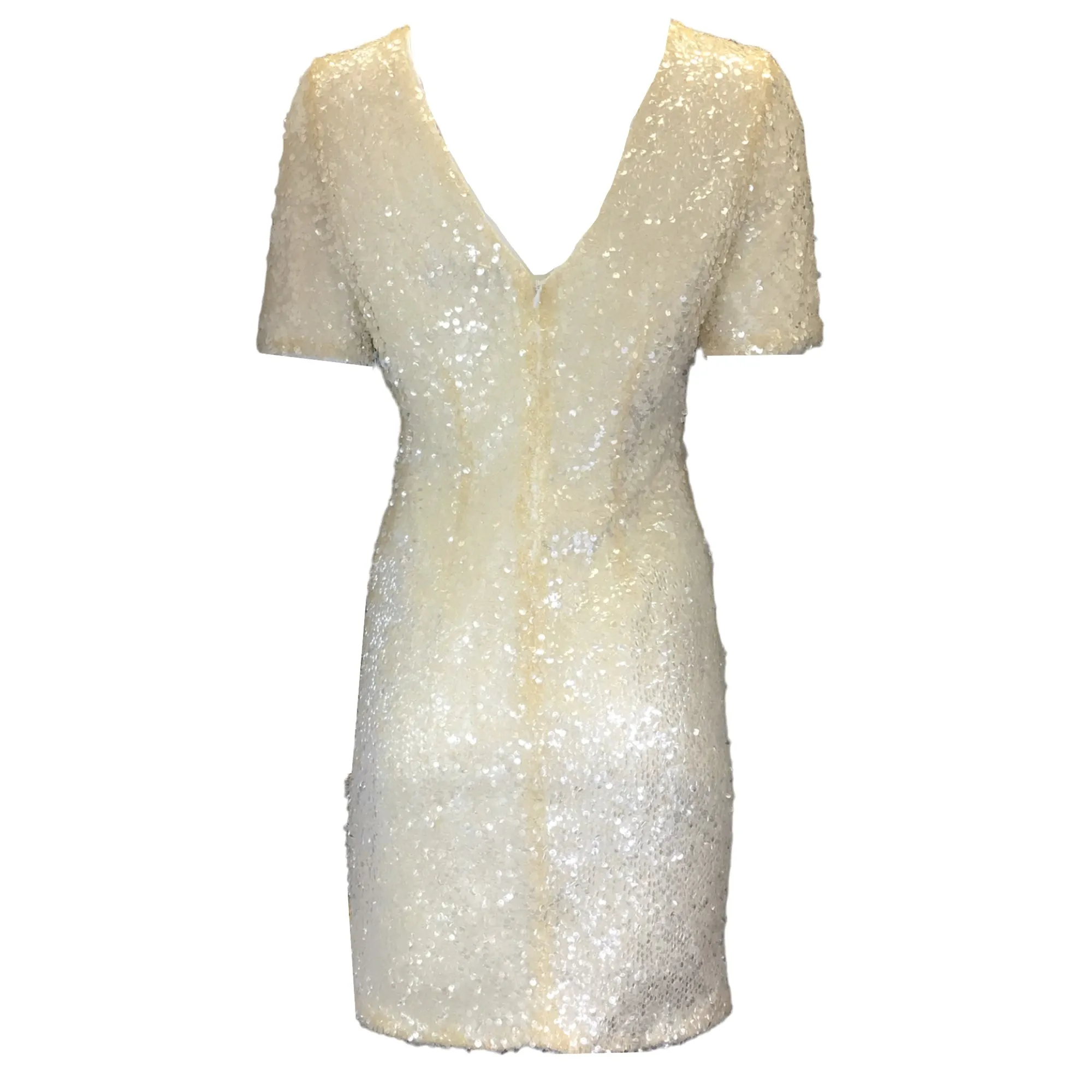 Galvan London Ivory / Gold Metallic Sequined Short Sleeved Dress