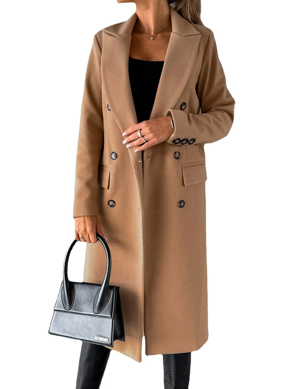 Girlary-shop 2000s fashion Women's Spring 2024 New Coat All-Match Woolen Coat Solid Color Long Sleeve Double Breasted Pocket