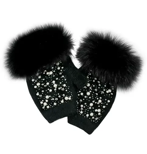 GLKG28 - Knit Fingerless Gloves w/ Pearls and Fox Fur Trim