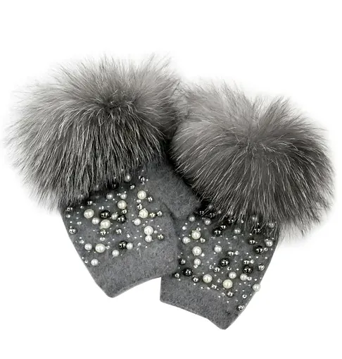 GLKG28 - Knit Fingerless Gloves w/ Pearls and Fox Fur Trim