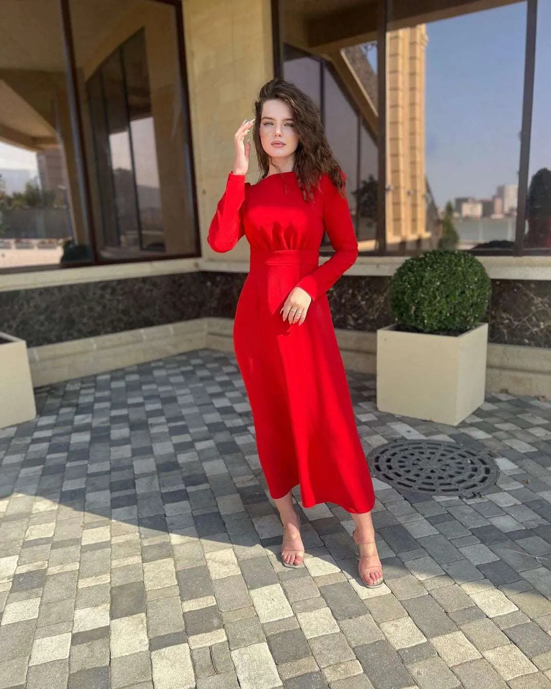 Gloria Red Tucked in Elastic Maxi Dress