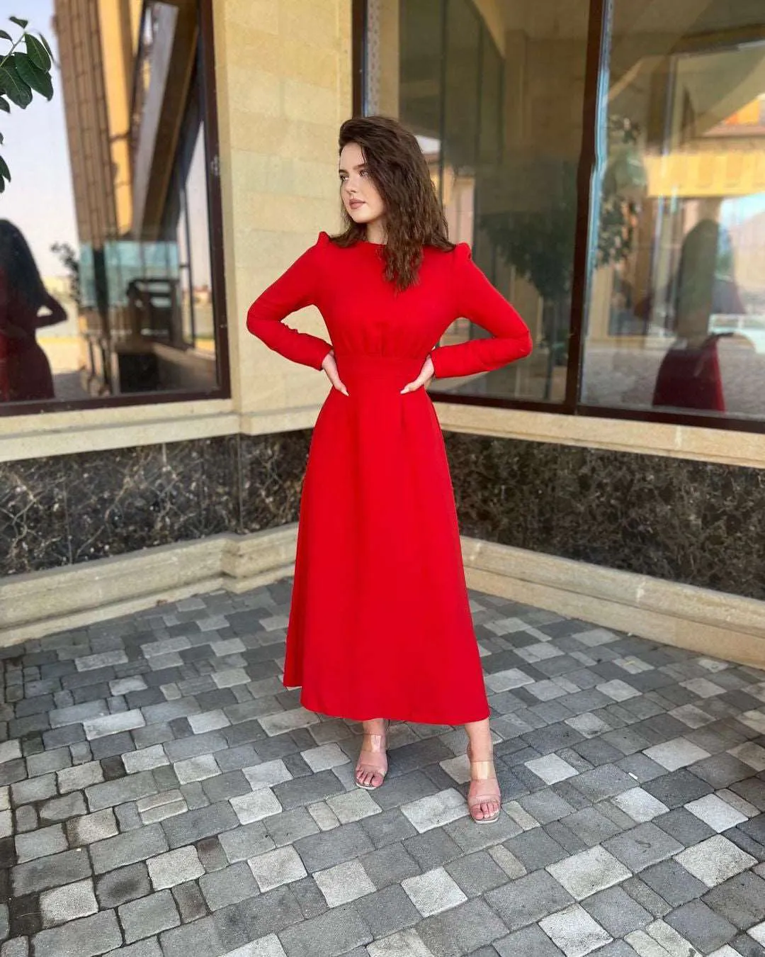 Gloria Red Tucked in Elastic Maxi Dress