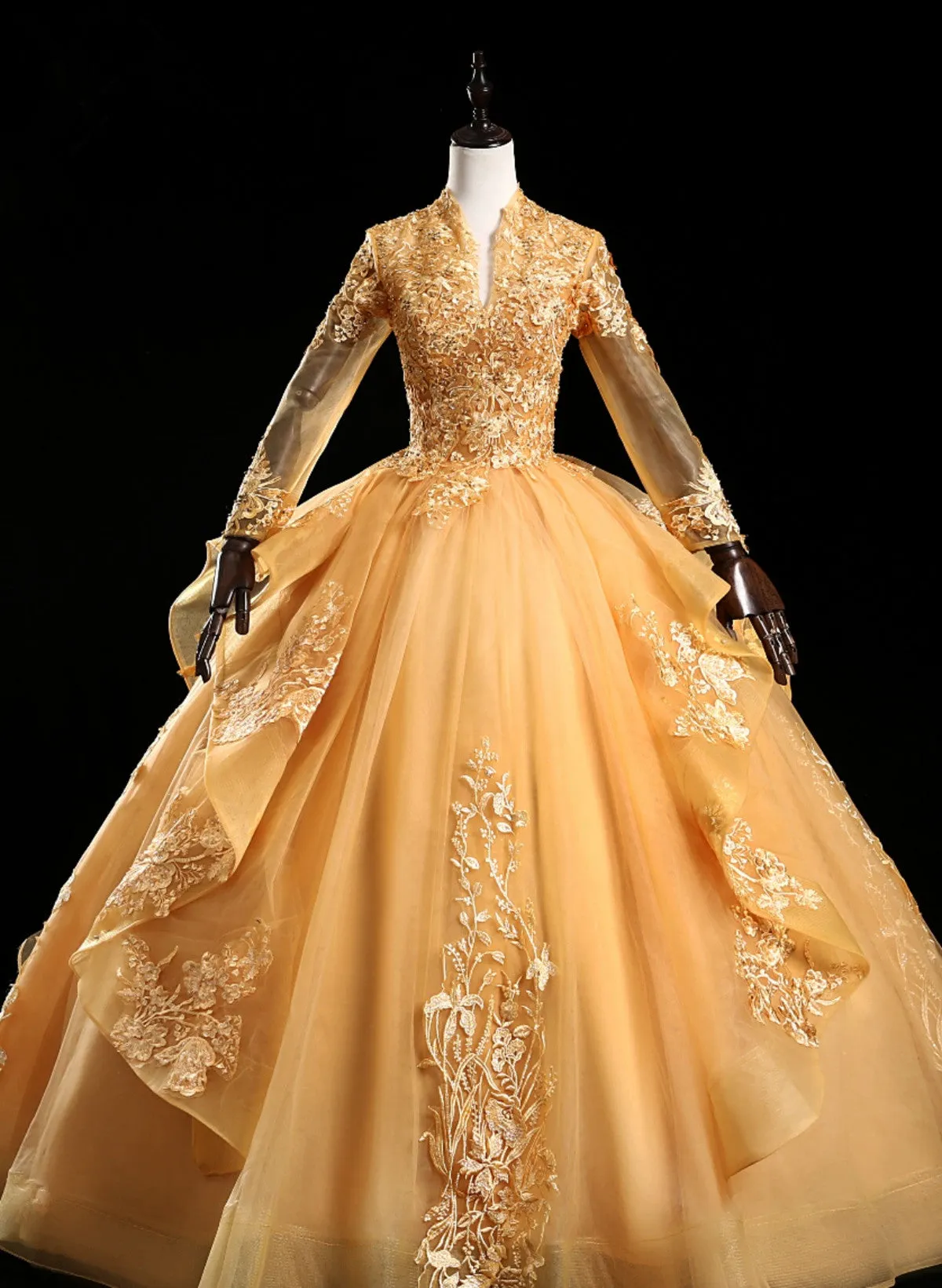 Gold Tulle Long Sleeves Lace Applique Formal Dress, Ball Gown Sweet 16 Dress