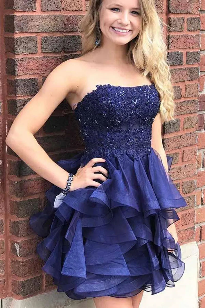 Gorgeous Strapless Beaded Short Navy Blue Lace Prom Dress, Layered Navy Blue Lace Formal Graduation Homecoming Dress