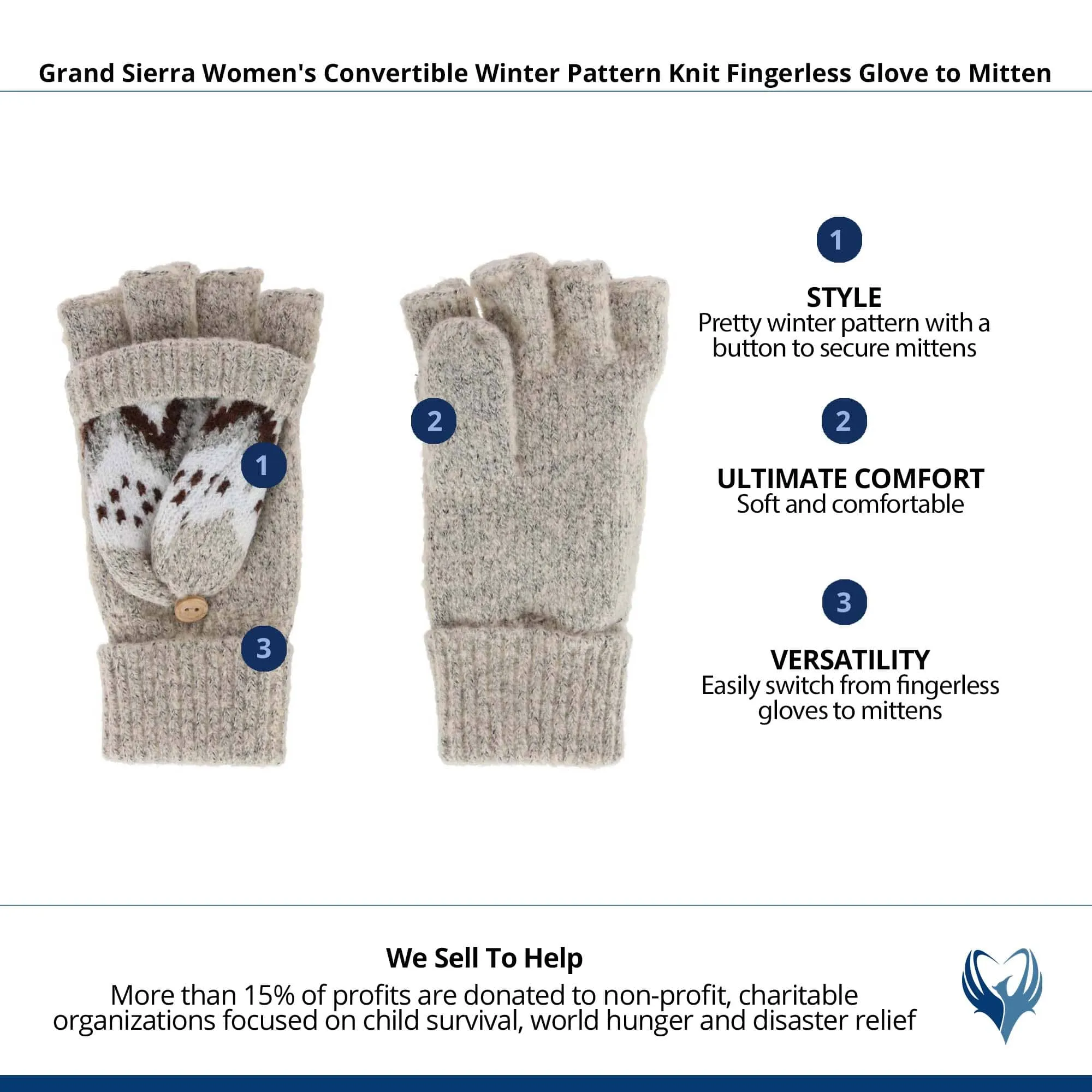 Grand Sierra Women's Convertible Winter Pattern Knit Fingerless Glove to Mitten