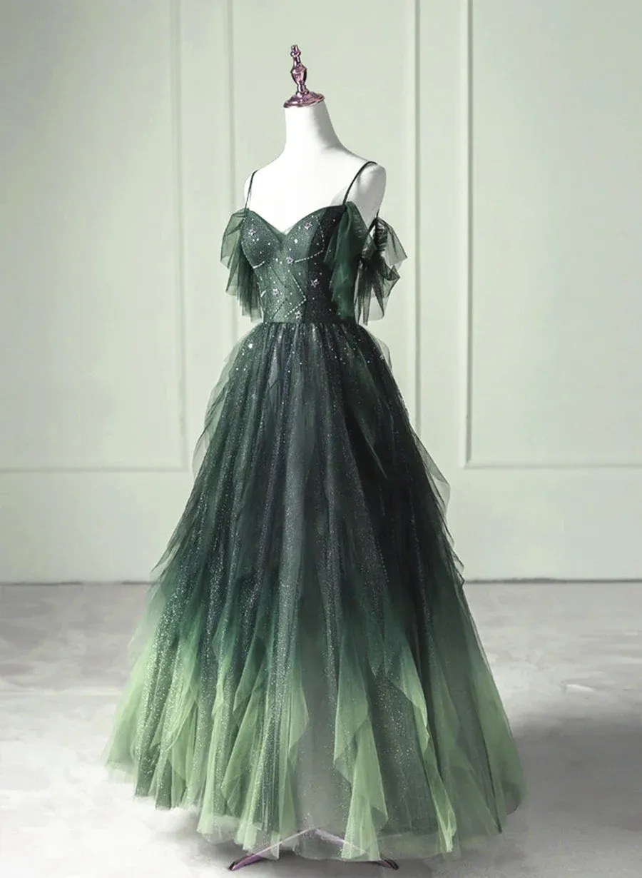 Green Gradient Tulle Beaded Sweetheart Long Formal Dress, Green Straps Party Dress