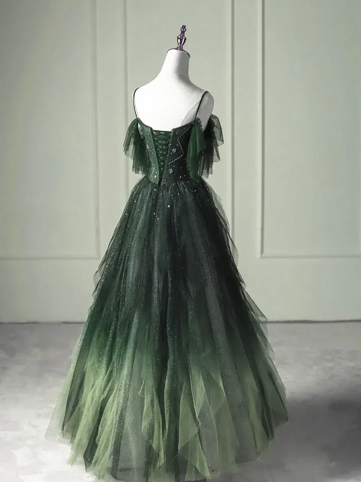 Green Gradient Tulle Beaded Sweetheart Long Formal Dress, Green Straps Party Dress