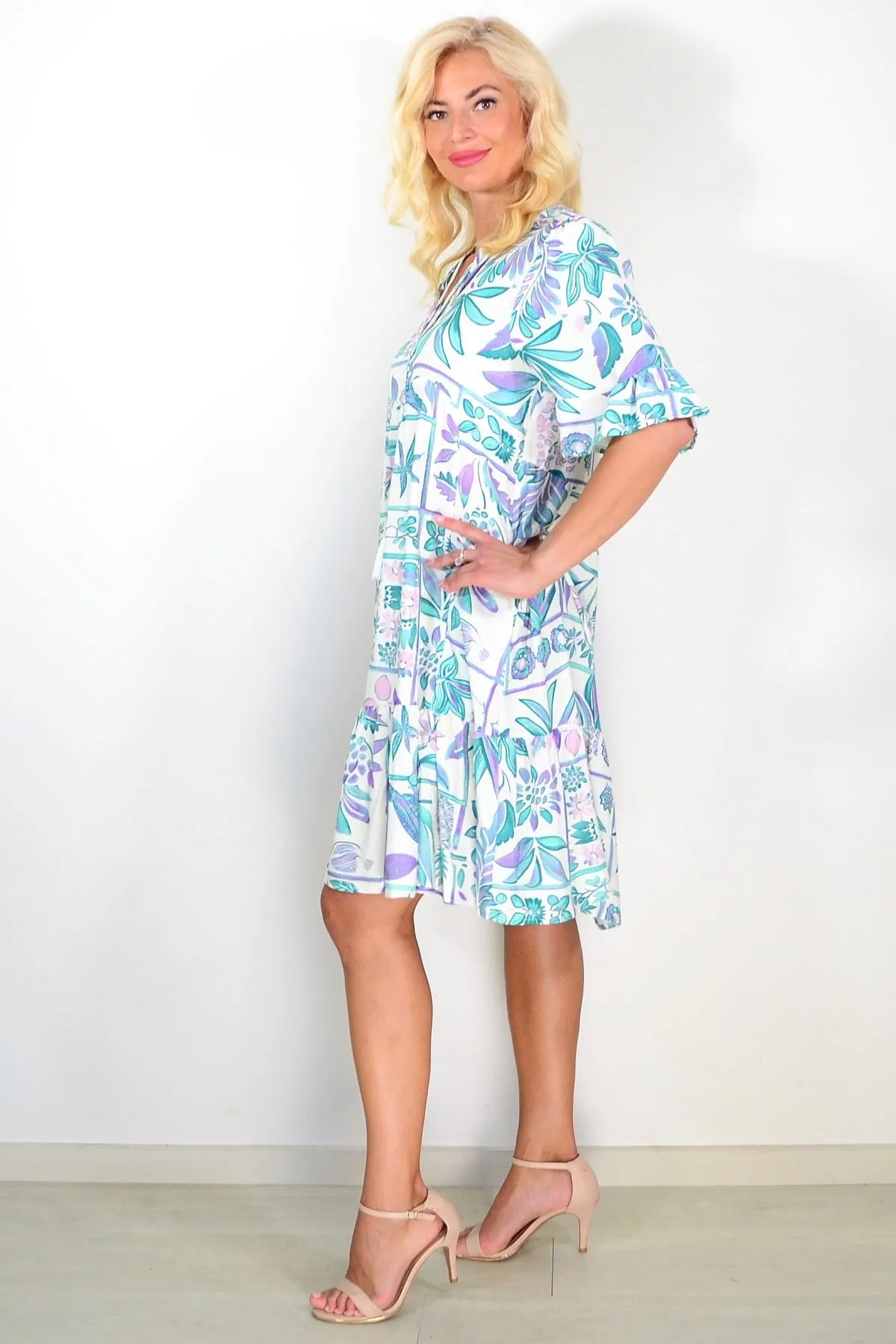 Green Purple Tropical Tunic Dress