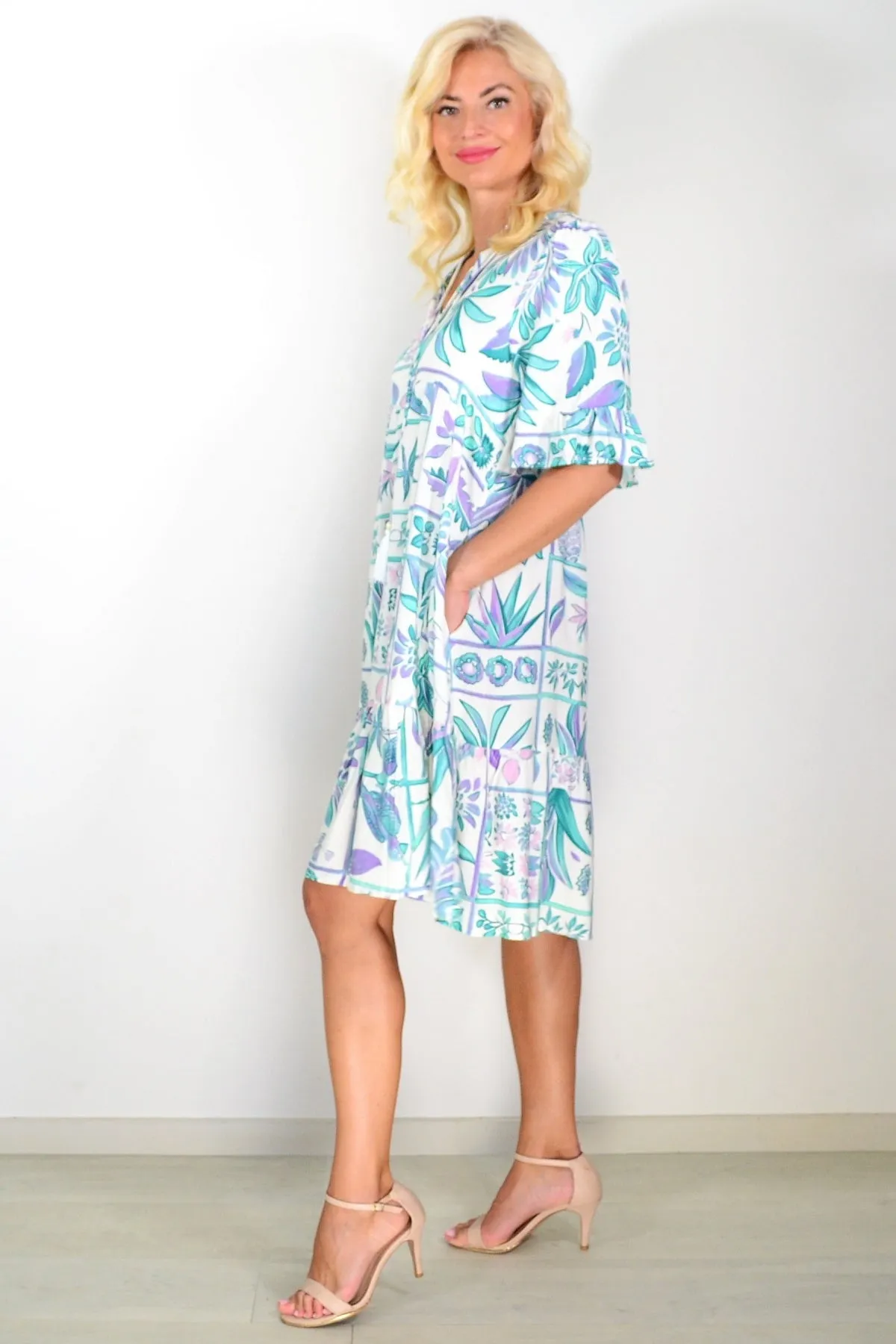 Green Purple Tropical Tunic Dress