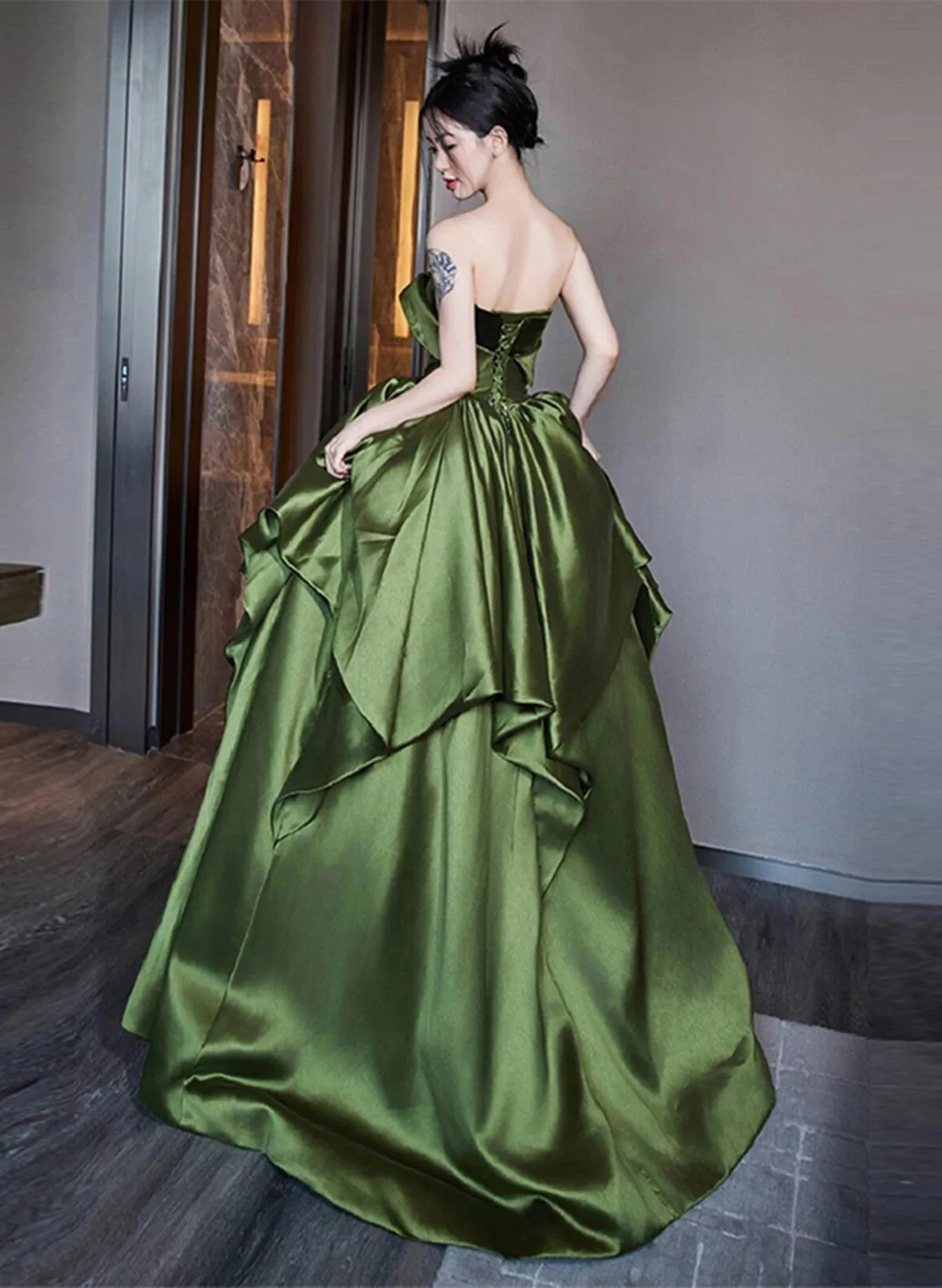 Green Satin Long Off Shoulder Princess Formal Dress, Green Satin Prom Dress