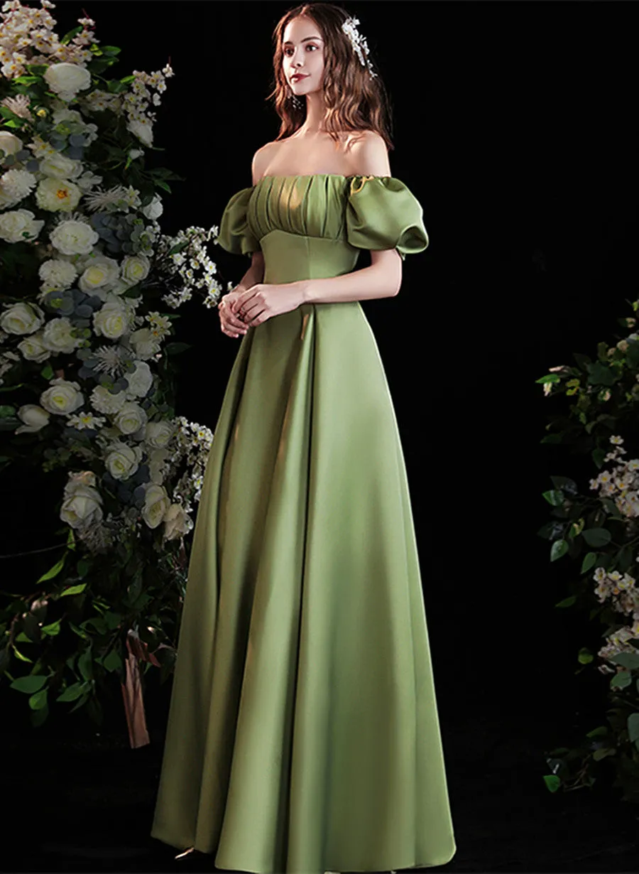 Green Satin Short Sleeves Scoop Neckline Prom Dress, Green Long Formal Dress