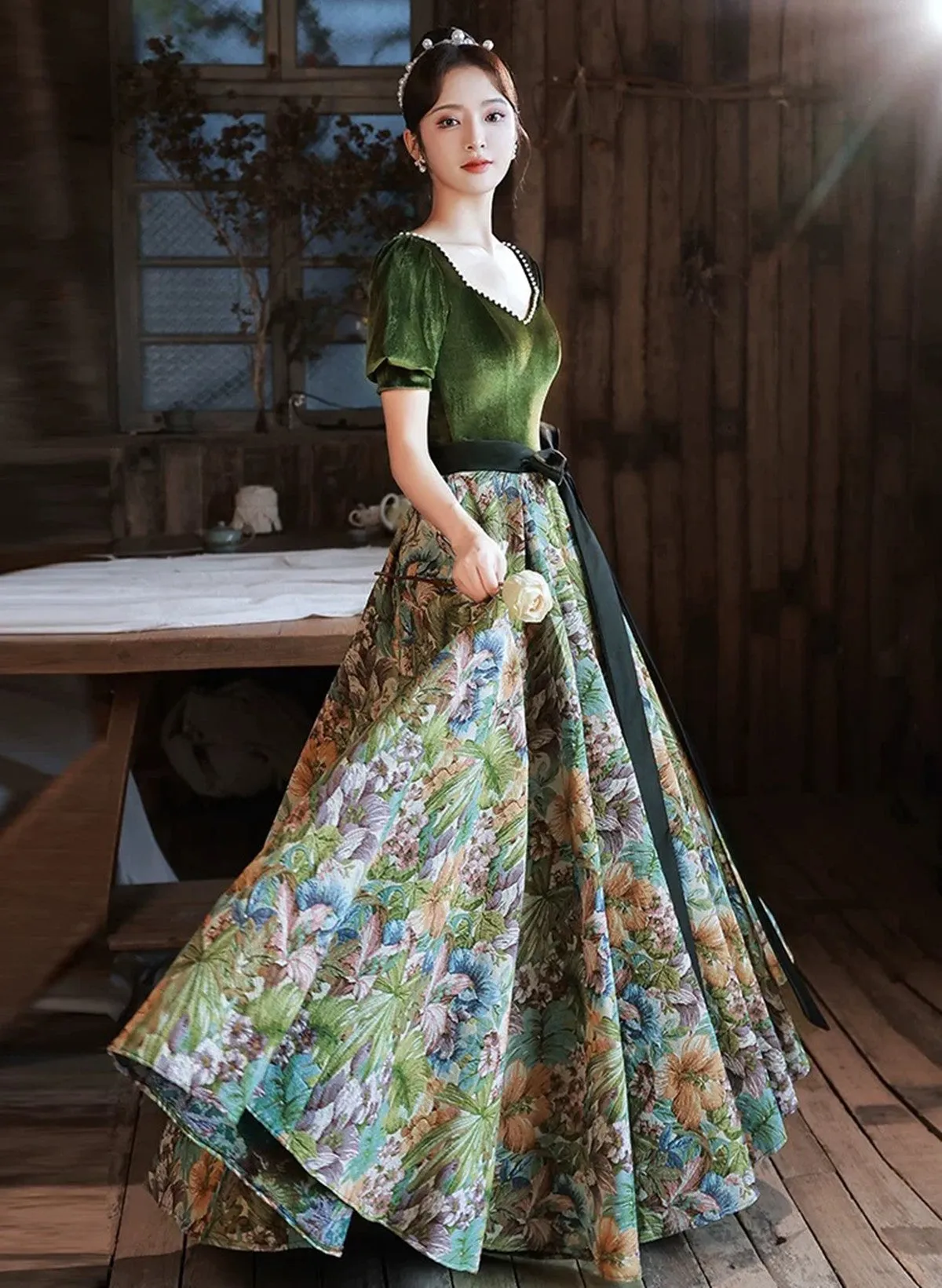 Green Velvet Floral Short Sleeves Long Prom Dress, Green Sweetheart Party Dress