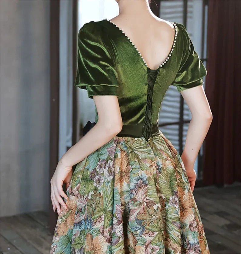 Green Velvet Floral Short Sleeves Long Prom Dress, Green Sweetheart Party Dress