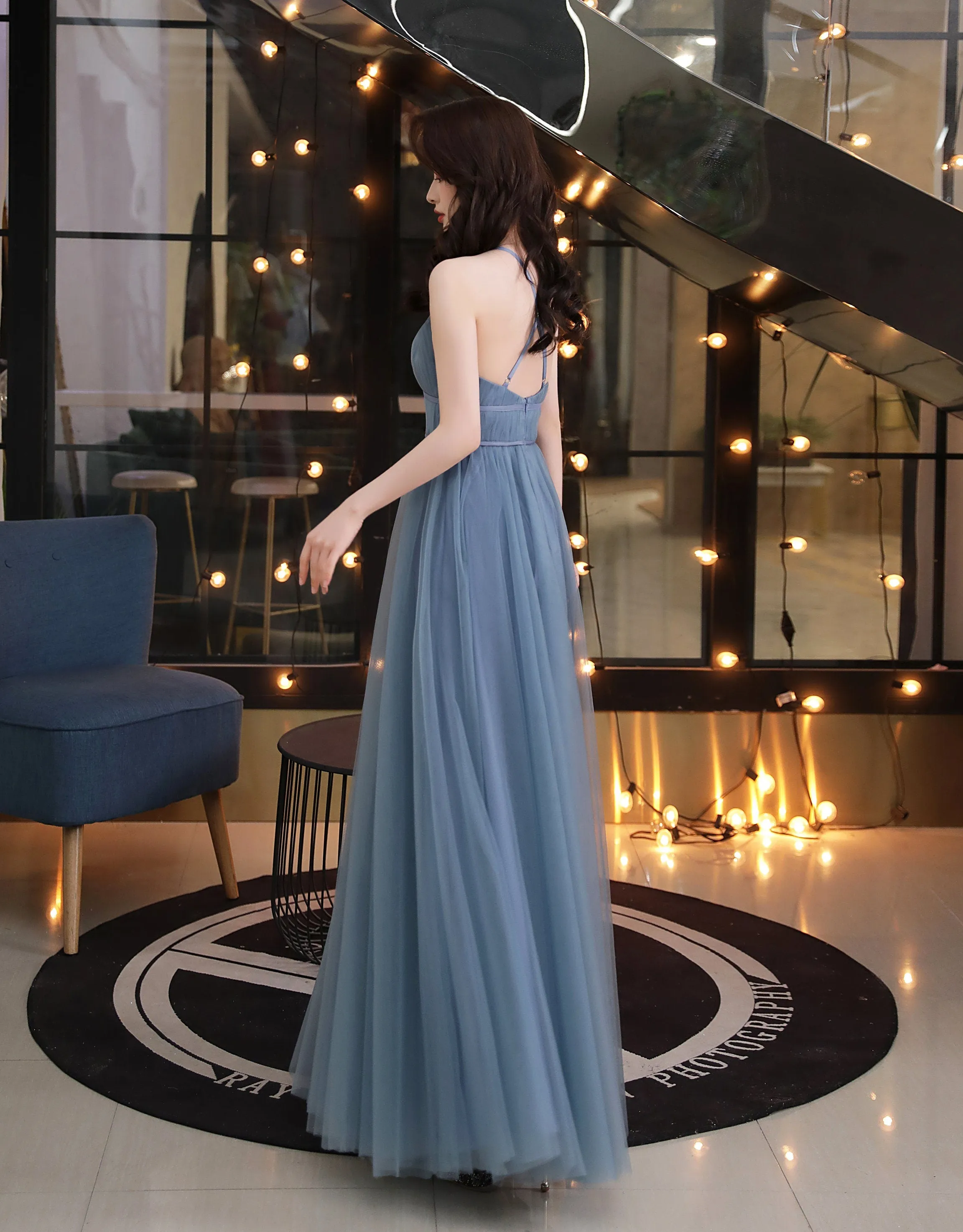 Haltered crisscross back A-line tulle prom dress