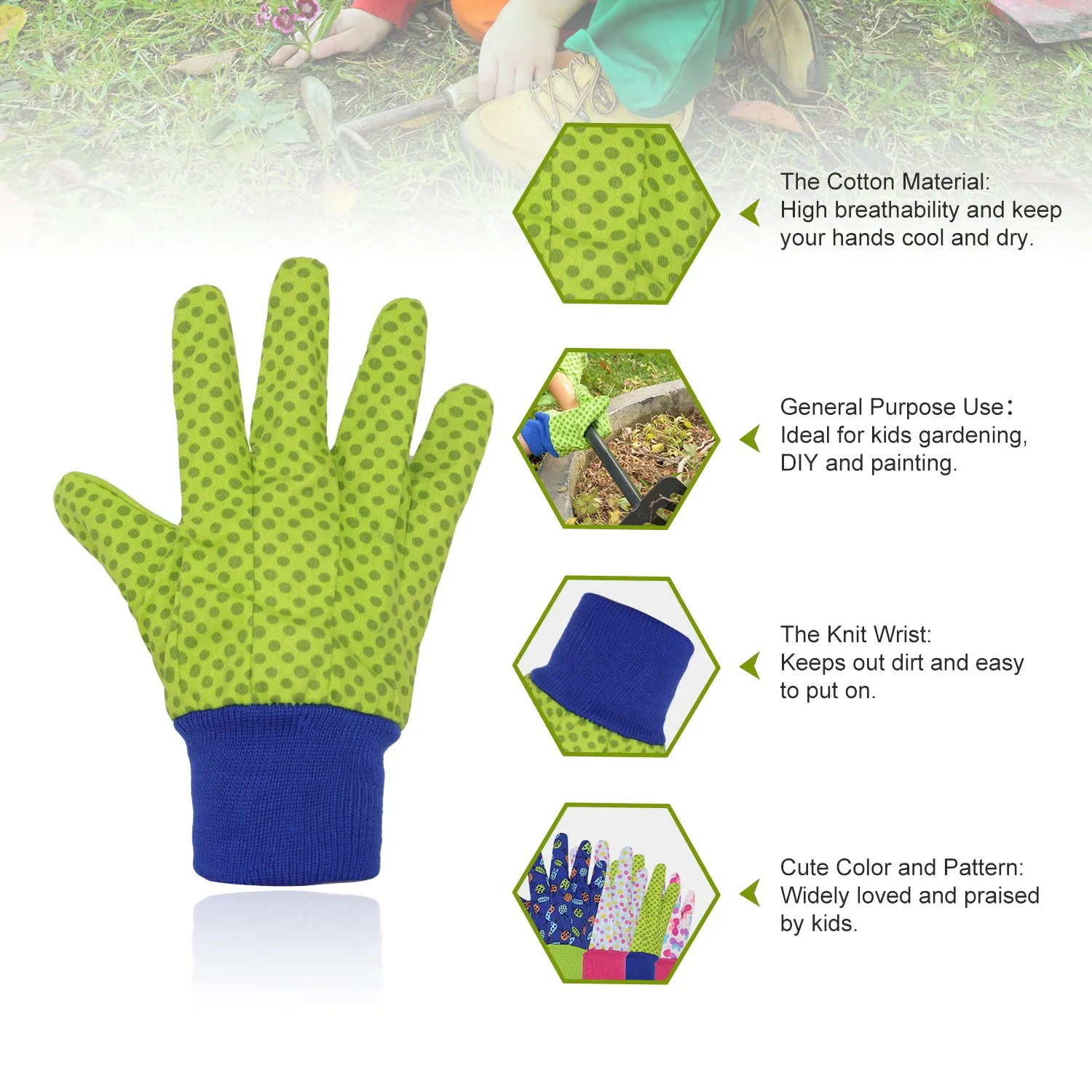 Handlandy 3 Pairs Kids Children Garden Gloves Cotton Dot 5095