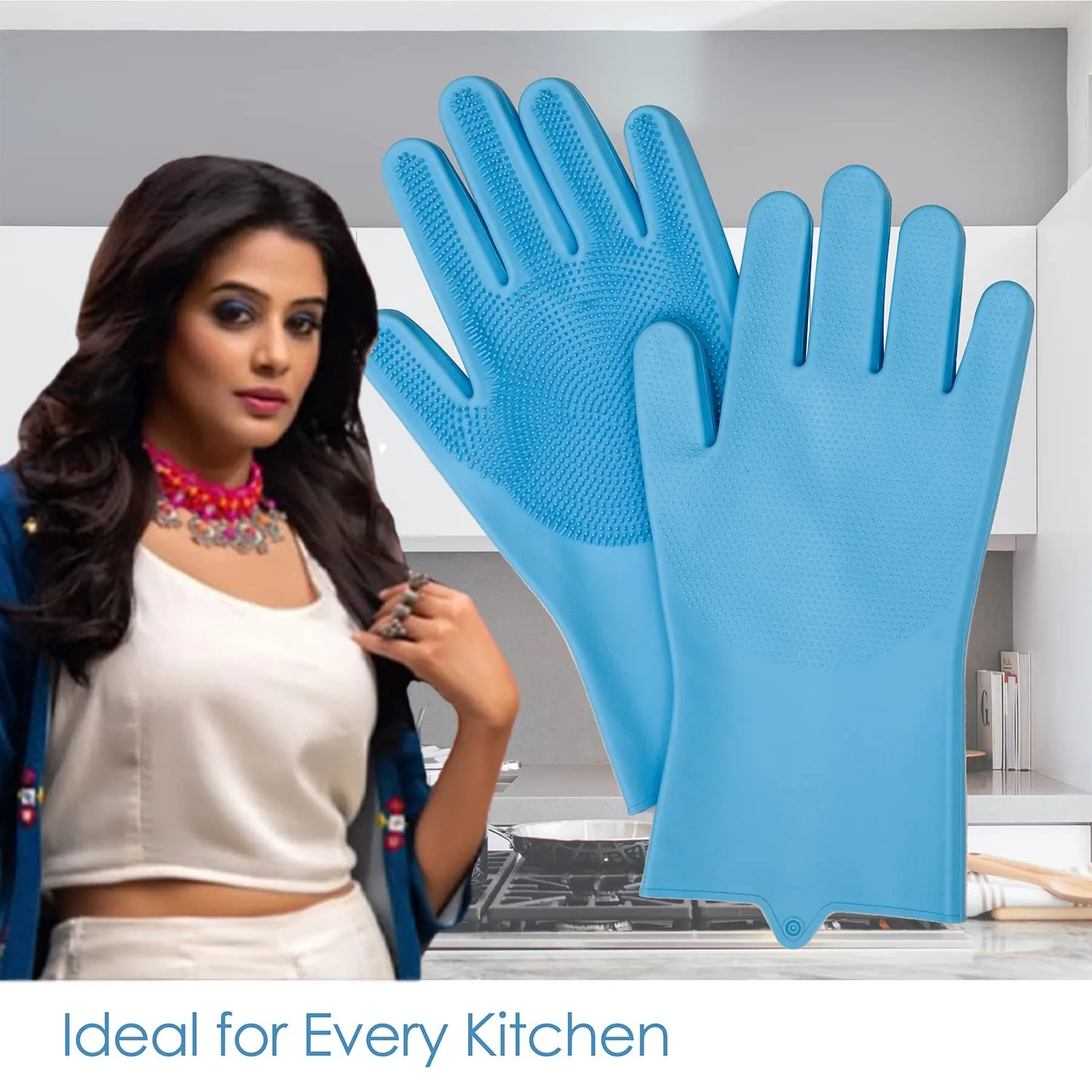 Heart Home Kitchen Gloves|Silicone Kitchen Dish Washing Gloves|Scrubbing Gloves For Kitchen|Car Cleaning Gloves|Bathroom Cleaning Gloves|1 Pair (Sky Blue)