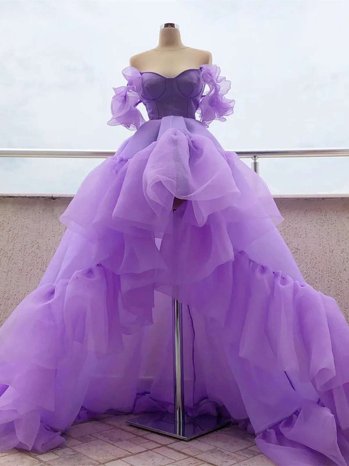 High Low Off Shoulder Purple Tulle Long Prom Dresses, High Low Purple Formal Dresses, Long Purple Evening Dresses