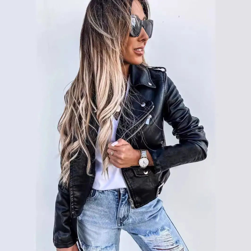 Hnzxzm fall outfits Women's Clothing New 2024 Spring and Summer Jacket PU Leather Coat Motorcycle Short Zipper