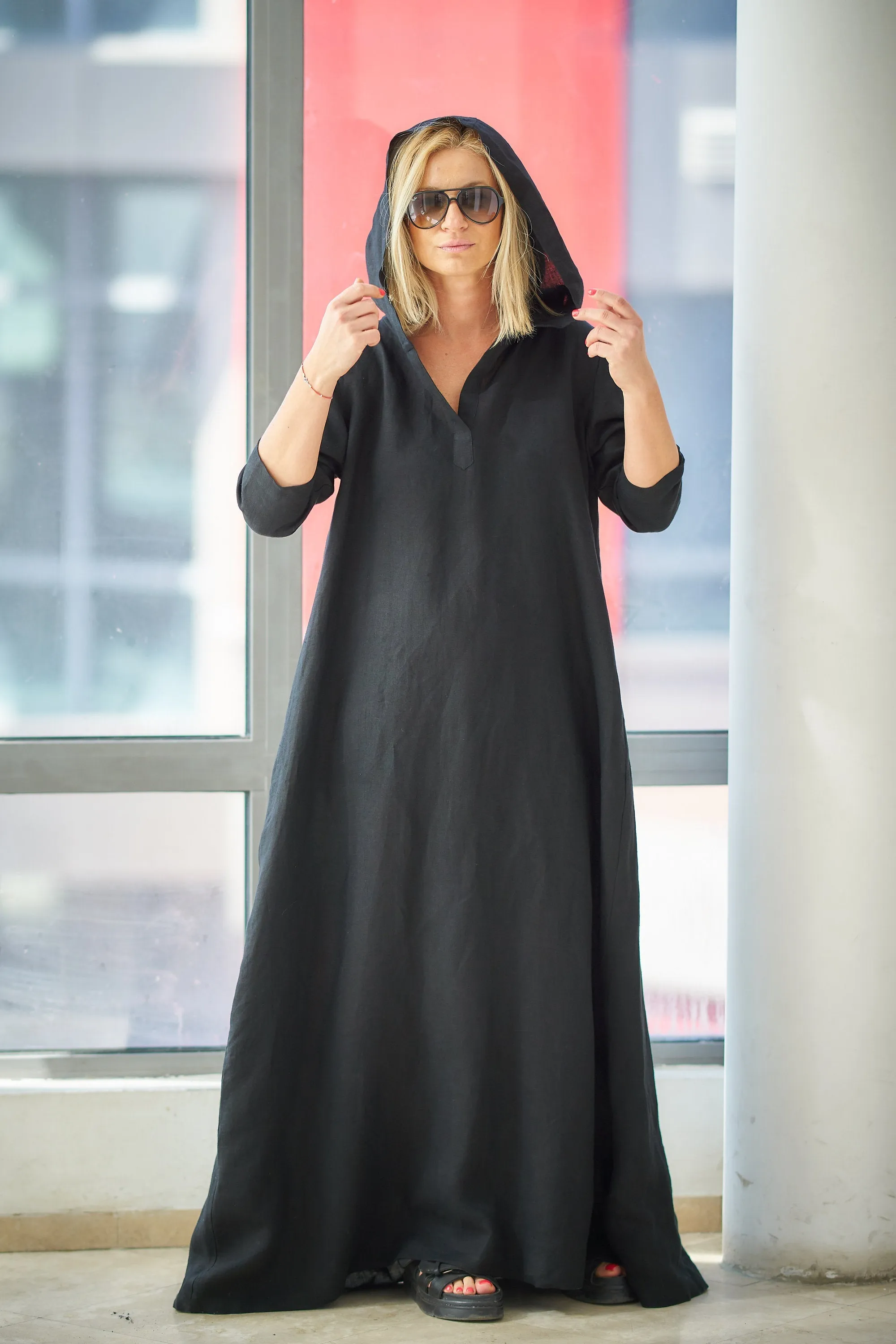 Hooded Linen Kaftan Dress