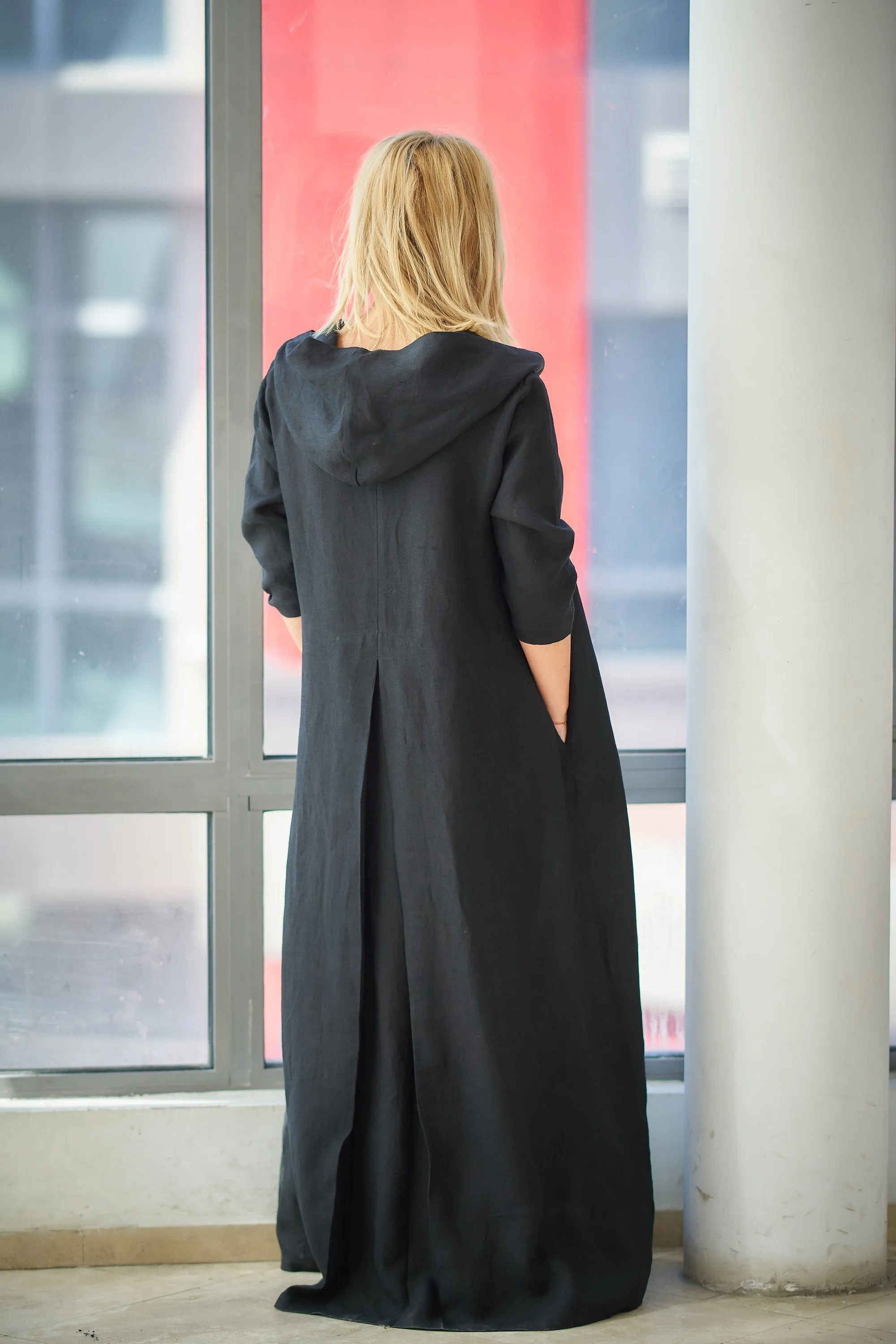 Hooded Linen Kaftan Dress