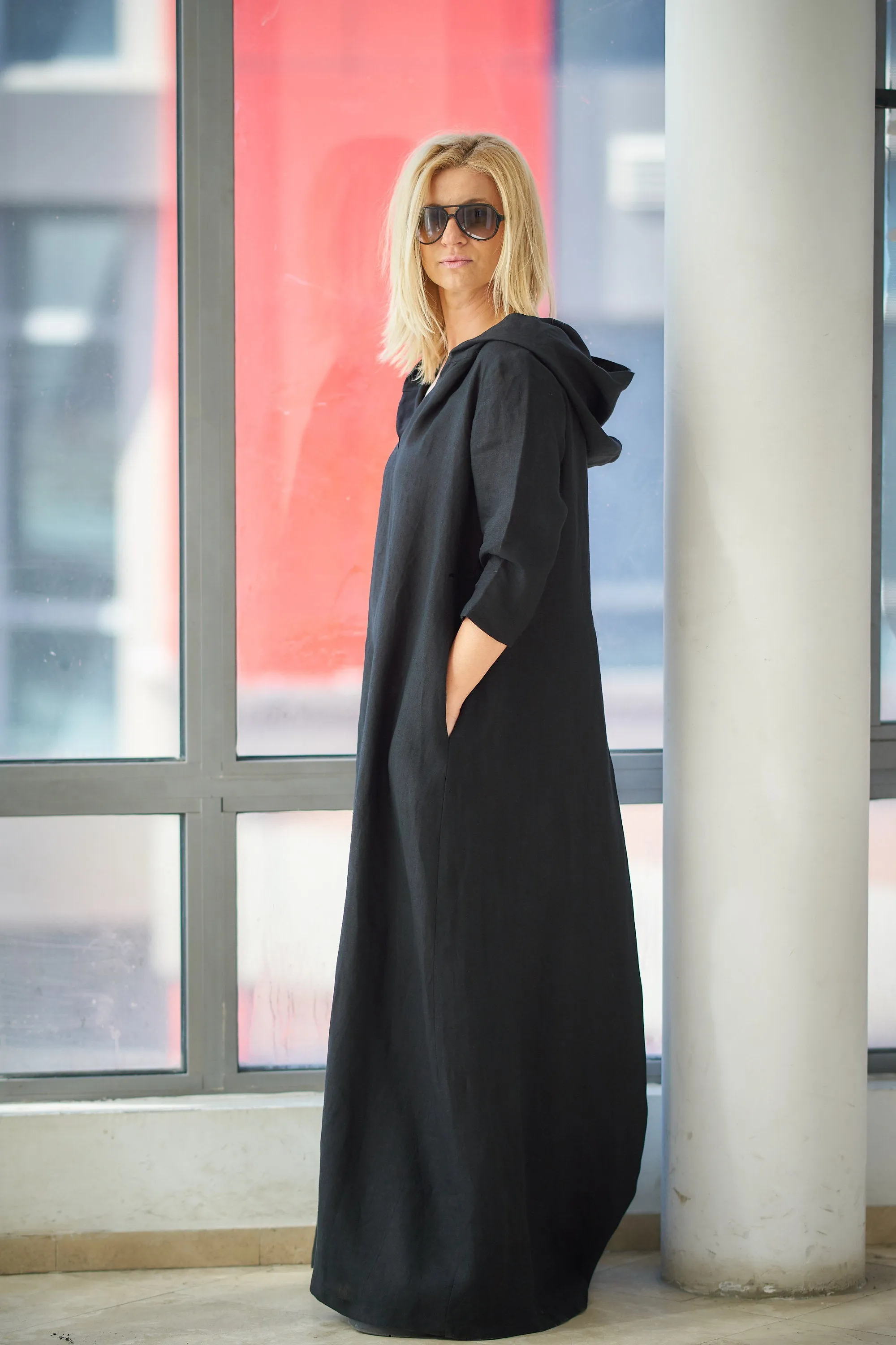 Hooded Linen Kaftan Dress