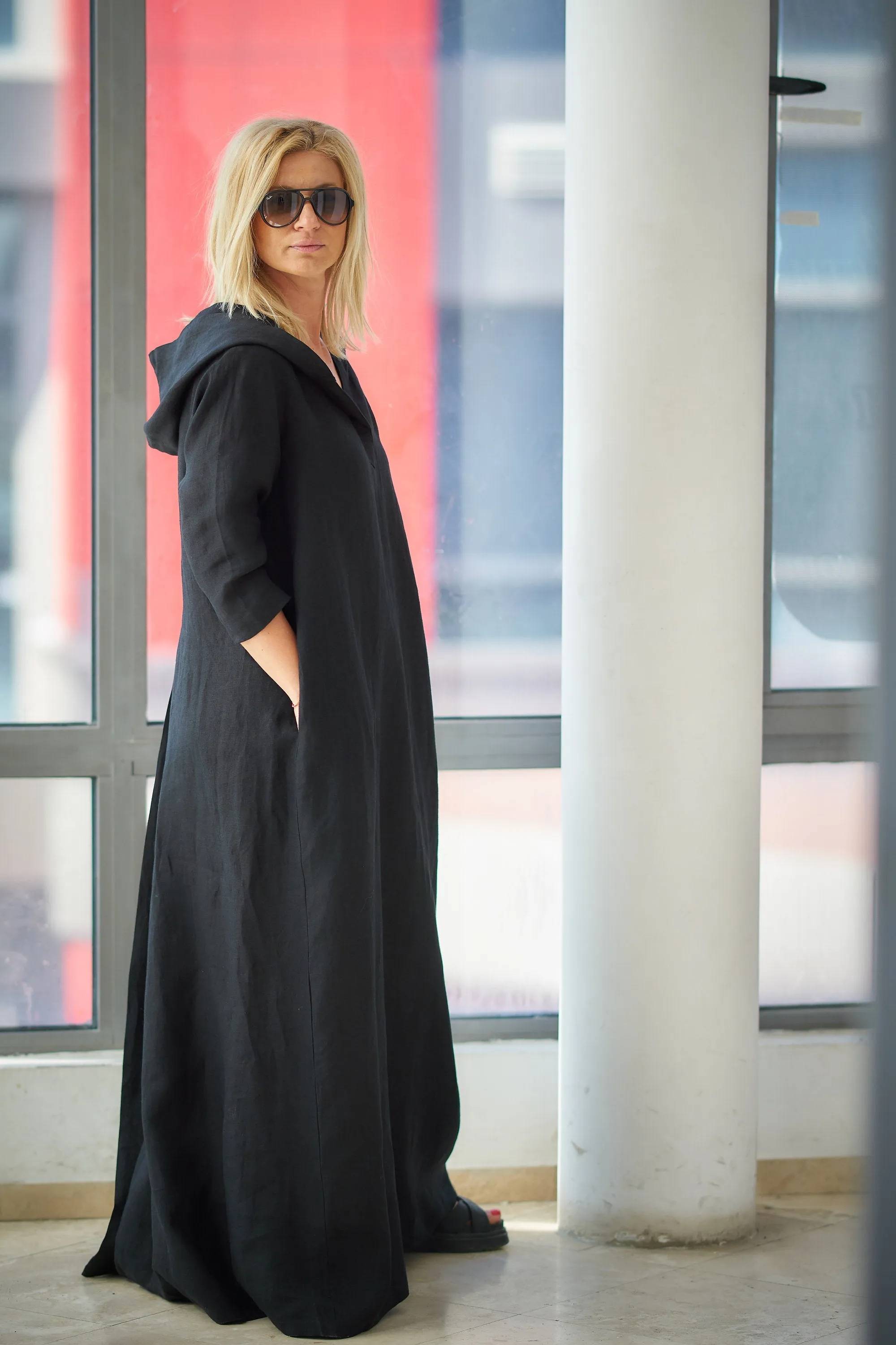 Hooded Linen Kaftan Dress