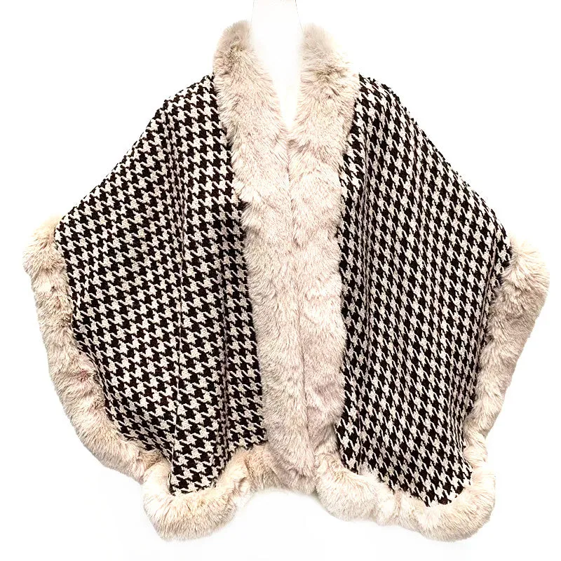 Hooded Poncho with Faux Fur Trim Free Size