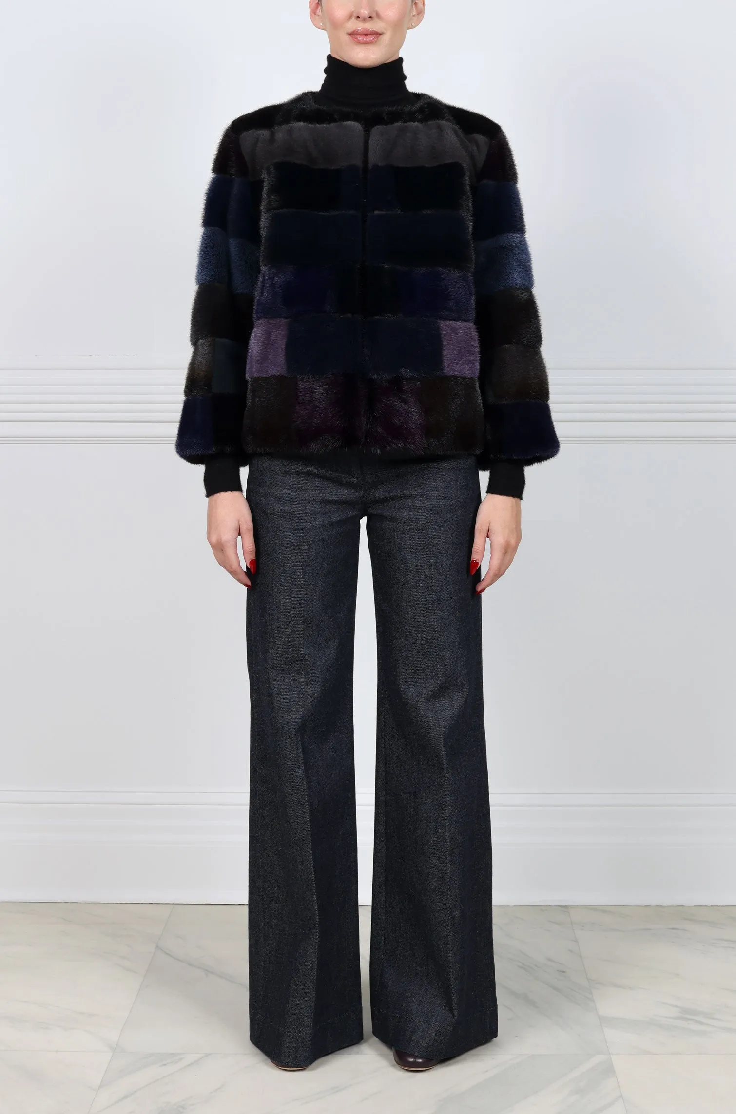 Horizontal Mink Fur Multicolored Striped Jacket