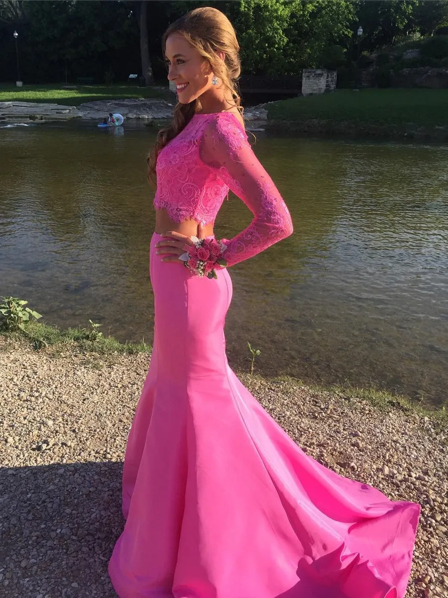 Hot Pink Long Sleeves Mermaid Two Pieces Lace Prom, Long Sleeves Mermaid Hot Pink Formal, Two Pieces Mermaid Hot Pink Evening