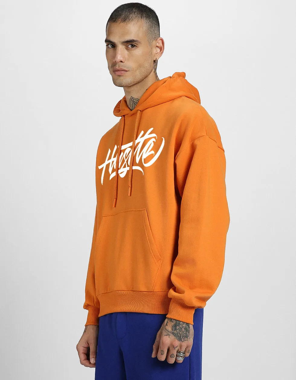 Hustle Orange Oversized Back Graphic Printed Hoodie