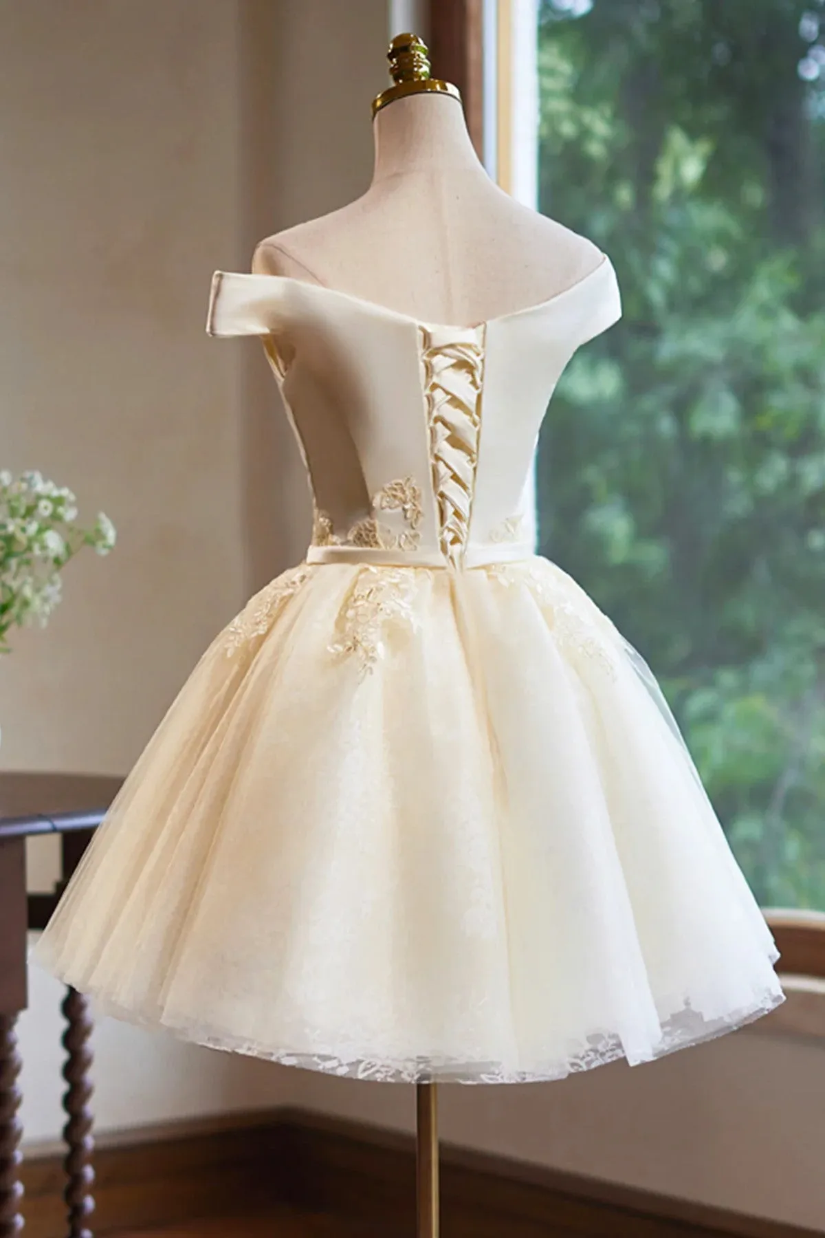 Ivory Knee Length Tulle Off Shoulder Party Dress, Ivory Homecoming Dress