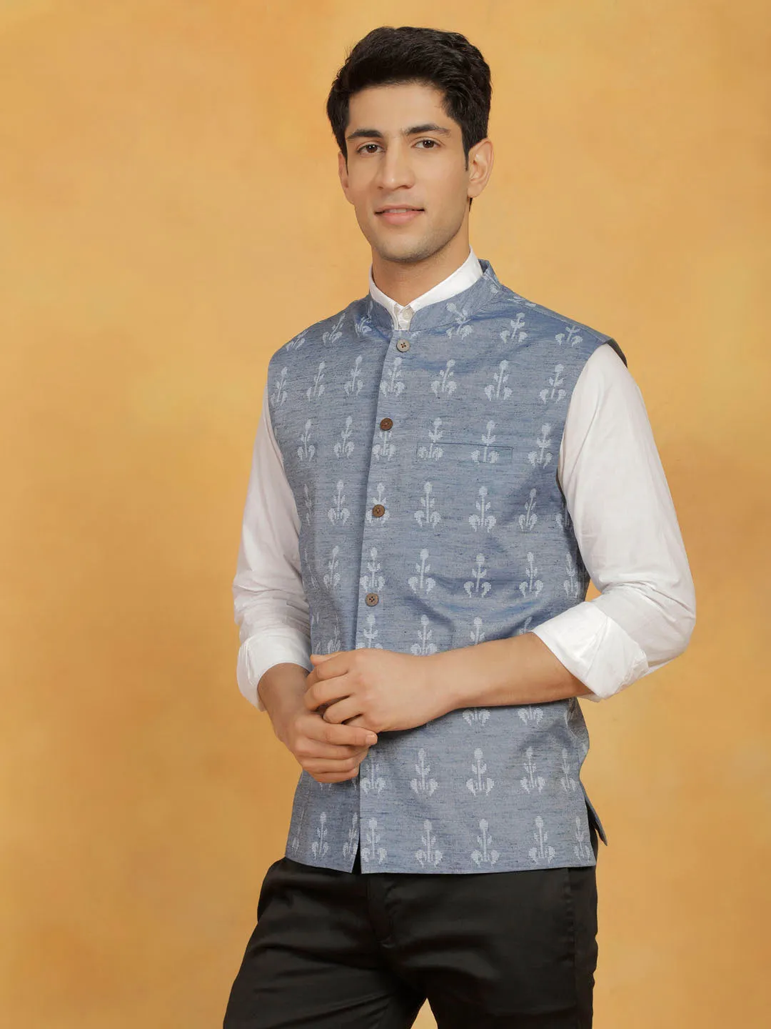 Jashvi Men's Blue Cotton Nehru Jacket