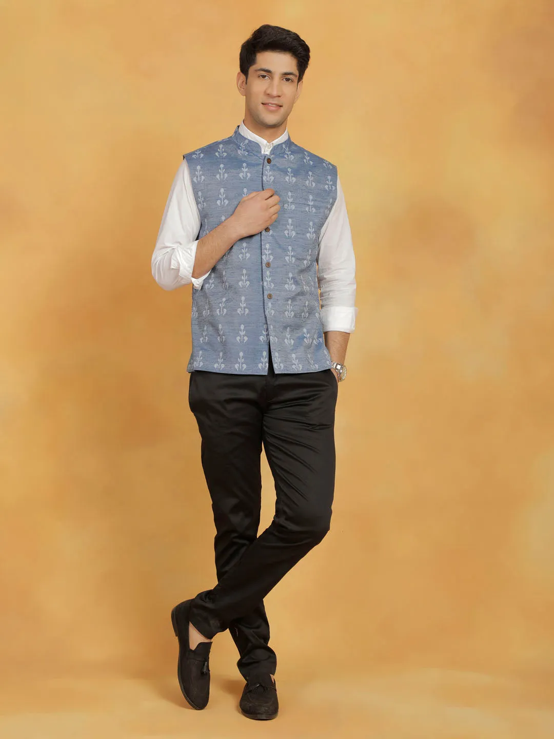 Jashvi Men's Blue Cotton Nehru Jacket